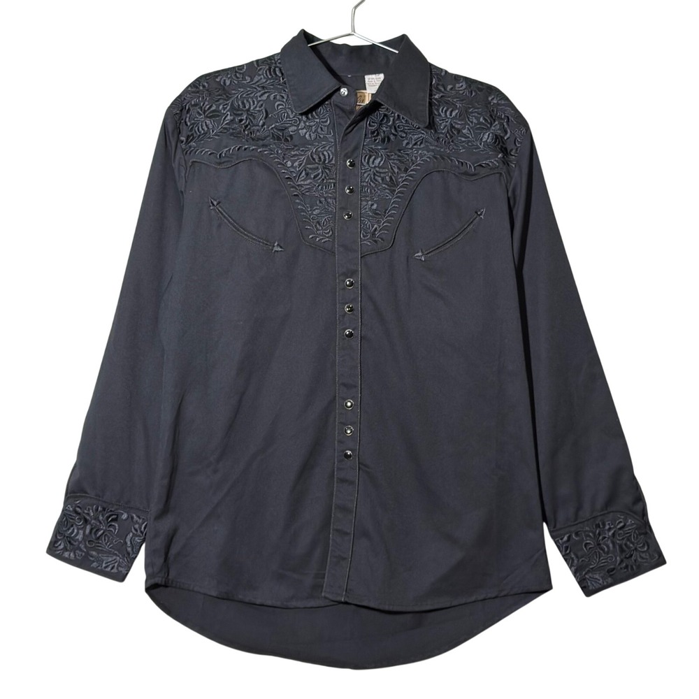 Scully Western Shirt Men Medium Black Floral Embroidered Snap Cowboy‎ Retro